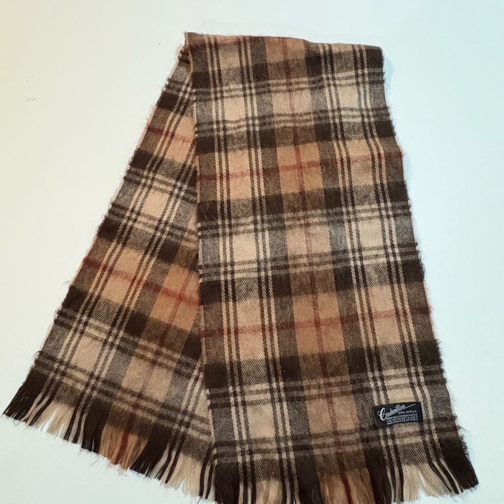 Elegant Plaid Wool Scarf in Brown and Cream